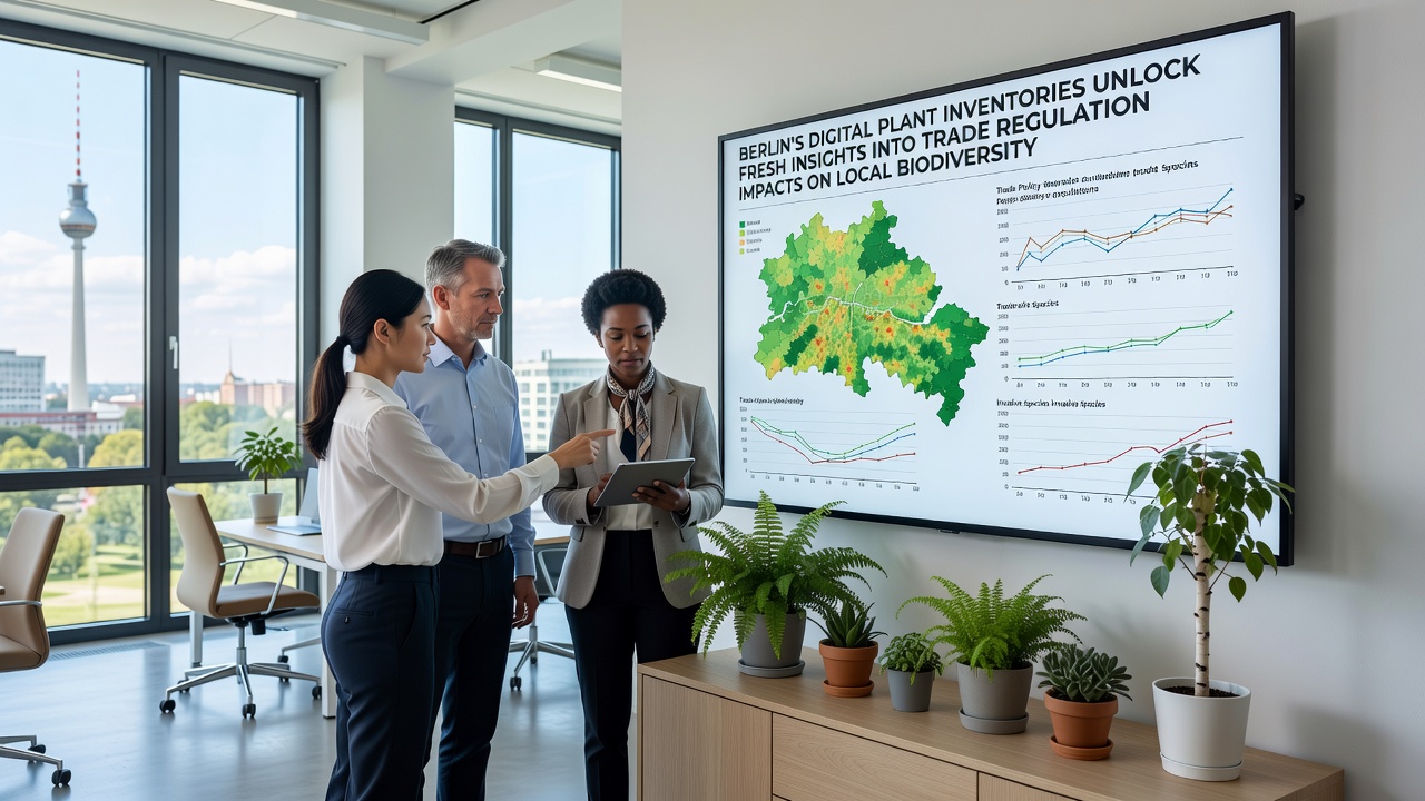 Researchers reviewing biodiversity data overlays from Berlin plant inventories on digital screens