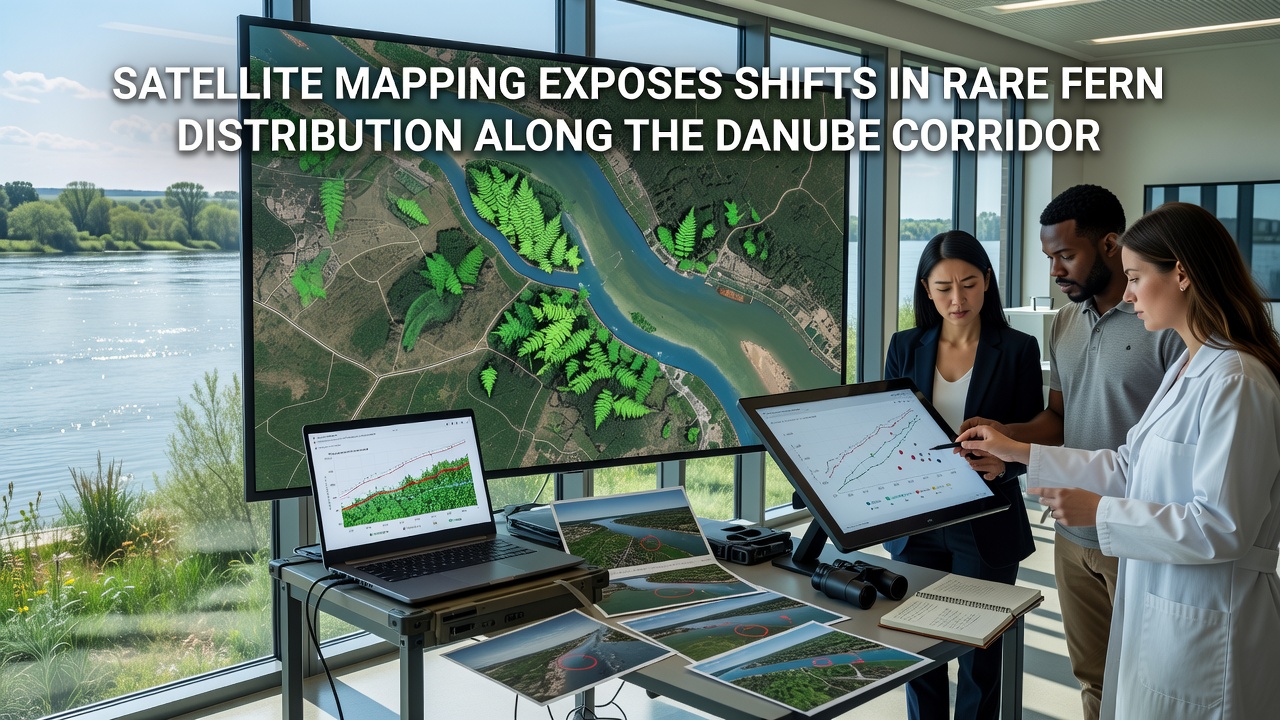 Close-up satellite view of fern habitat changes near the Danube bend in Hungary